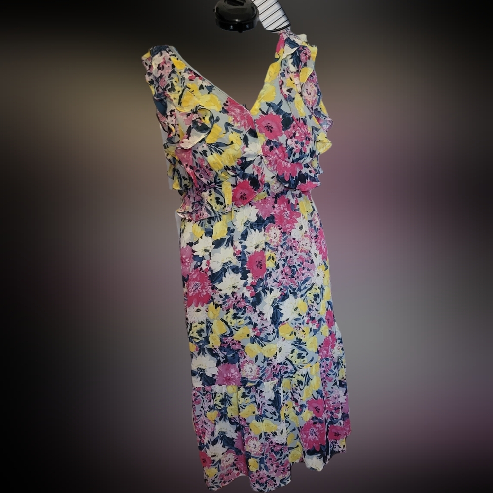 LC Lauren Conrad Pink Yellow Flutter Sleeve Sundress